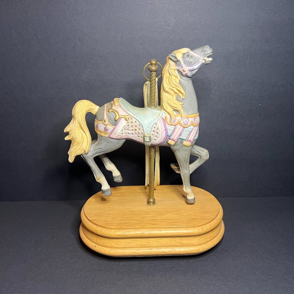 Vintage Ceramic Bisque & Wood Base Horse Carousel Musical Figure Music Box 9.25"